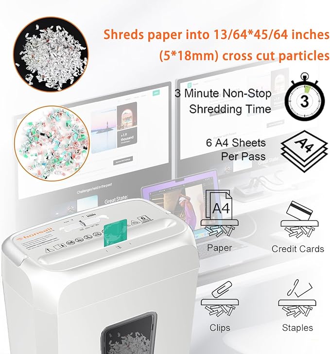 Bonsaii Low Noise Operation Paper Shredder, 6-Sheet Cross-Cut, Credit Card Shredder, Home Office, Handle for Document, Mail, Staple, 3.4 Gal Wastebasket, Easy-Carry Handle, White(C237-B)