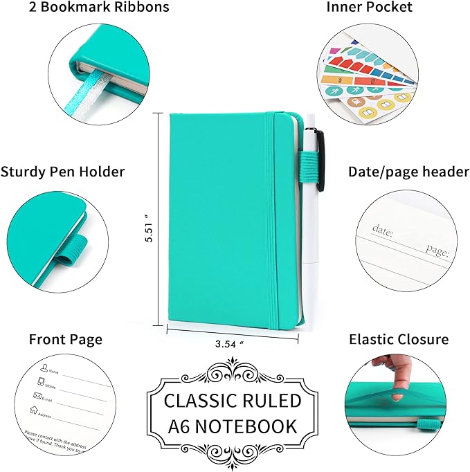 feela 6 Pack Pocket Small Notebooks Bulk, Mini Cute Memo Notepads Hardcover College Ruled Lined Journals with Pen Holder for Women Girls Office School, with 6 Black Pens, 3.5”x 5.5”, A6, Aqua