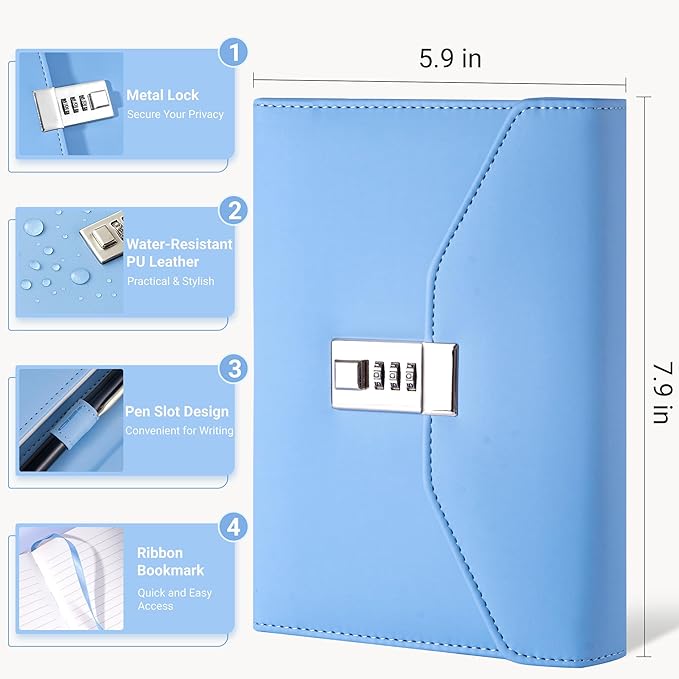 CAGIE Diary with Lock for Women, Full Wrap-around Privacy Journal Gifts for Girls, 120 GMS 224 Pages Thick Lined Notebook with Lock, 5.9 x 7.9 Inch