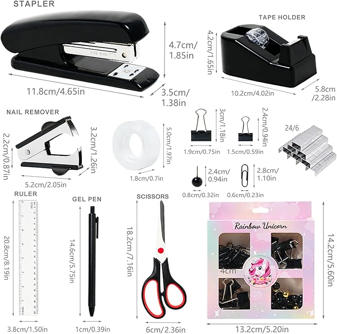Black Desk Accessories with Pen Holder, Office Supplies Desk Organizers and Accessories, Tape Dispenser, Stapler, Staple Remover, Staples, Clips Set, Ruler, Scissor, Pen, Tape (Black)