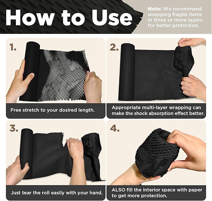 Honeycomb Packing Paper, 12"x300' Black | Perforated Honeycomb Packing Paper Recyclable Moving Supplies for Shipping & Moving | Plastic-Free Alternative to Bubble Cushion Wrap with 36 Fragile Stickers