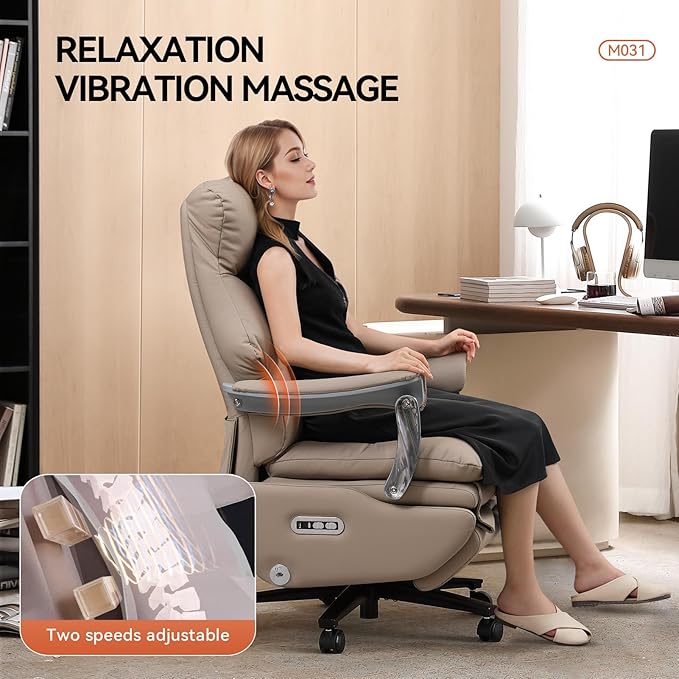 Dual Motor Electric Genuine Leather Executive Office Chair with Foot Rest, Comfortable Reclining Office Chair with Massage, Big and Tall High Back Comfy Ergonomic Home Office Desk Chairs 400lbs, Khaki