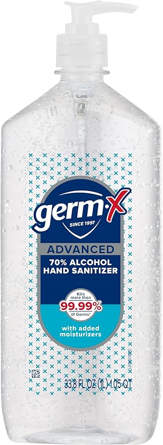 Germ-X Advanced Hand Sanitizer, Non-Drying Moisturizing Clear Gel, Instant and No Rinse Formula, Large Family Size Pump Bottle, Back to School Supplies, 34 Fl Oz (1 Liter)
