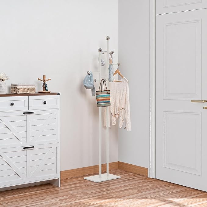 Free Standing Coat Rack with Marble Base & 8 Steel Hooks Clothes Rack for Entryway Bedroom Living Room Hotel 14.96 x 10.24 x 68.9 Inches (White)
