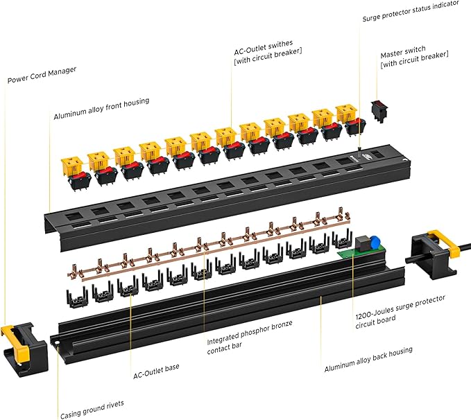 CRST 12 Outlets Long Power Strip, 9 FT Cord Metal Wall Mount Surge Protector Power Strip with Individual Switches and Cord Manager, 1020J, 15Amp/1875W for Garage,Workshop, Office, Home