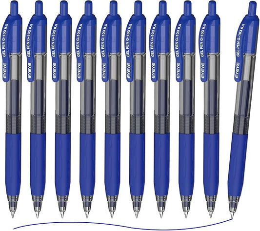 EYEYE G-103 Retractable 0.5mm Gel Pens, 10 Pack Extra Fine Point Blue Ink Pens Quick Dry, Ballpoint Pen Fine Point Smooth Writing Pens for Office School Supplies