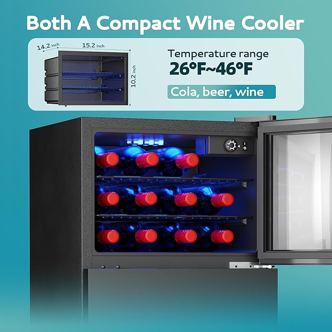 EUHOMY Double Door Mini Fridge With Freezer, Freestanding Wine Cooler Refrigerator With Reversible Door, Compact Refrigerator Temperature Control, Wine Fridge Perfect For Kitchen Home Office.