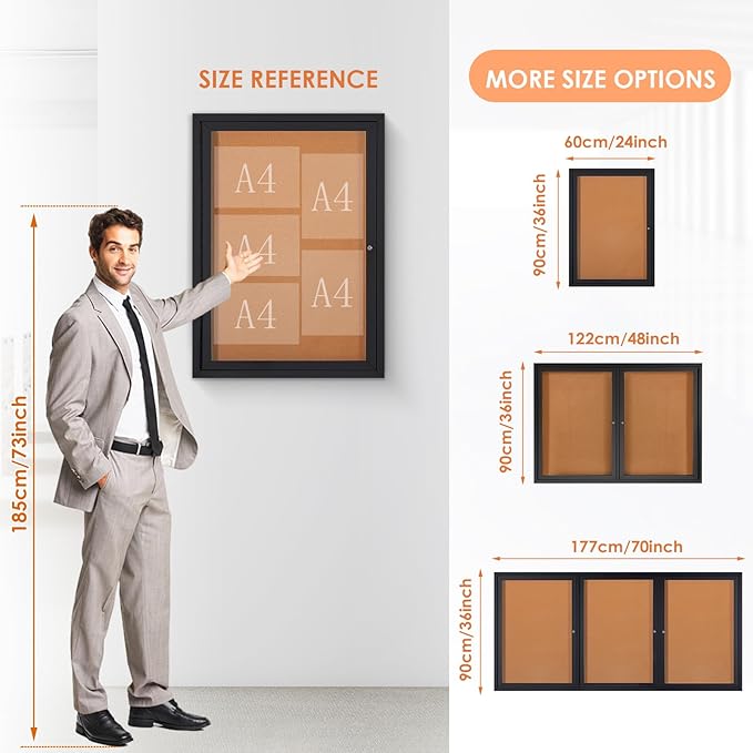 Enclosed Bulletin Board Outdoor Noticeboard with Locking Door, Weather-Resistant, Cork, Black Aluminum Frame, 70 x 36 in