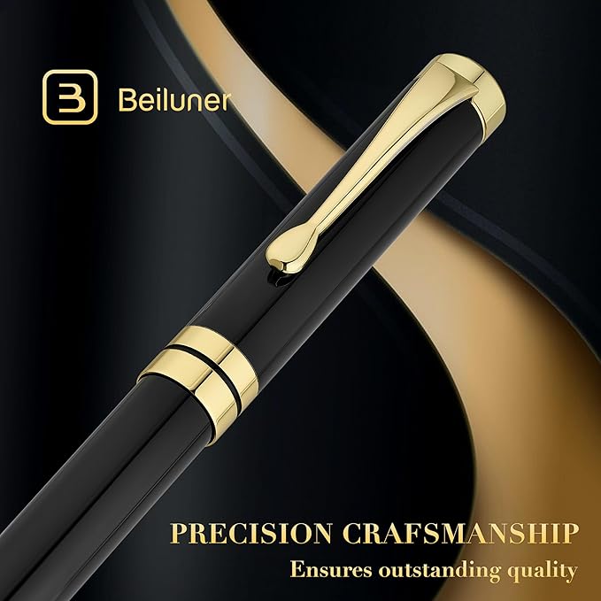 BEILUNER Ballpoint Pens, Stunning Black Chrome Metal Pen with Golden Trim, Best Ball Pen Gift Set for Men & Women, Professional, Executive, Office, Nice Pens-Gift Box with 0.5mm Black Extra Refill