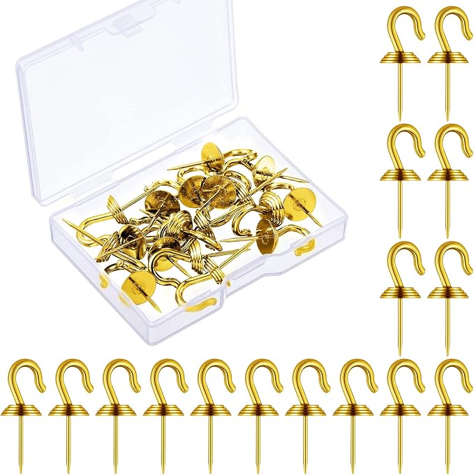 Hotop 30 Pieces Push Pin Wall Hooks Metal Thumb Tack Hangers Iron Alloy Nail Decorative Picture Hooks for 20 Lbs Home Office School Party Supply (Gold)