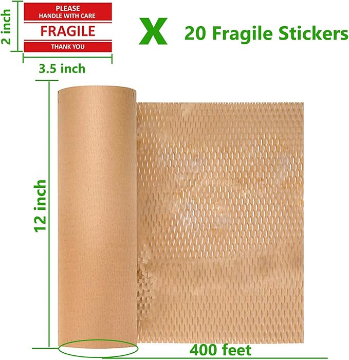 Honeycomb Packing Paper, 12" x 400' Honeycomb Cushioning Wrap Roll for Moving Shipping Packaging Gifts, Recyclable Honeycomb Paper Bubble Paper Wrapping with 20 Fragile Sticker Labels