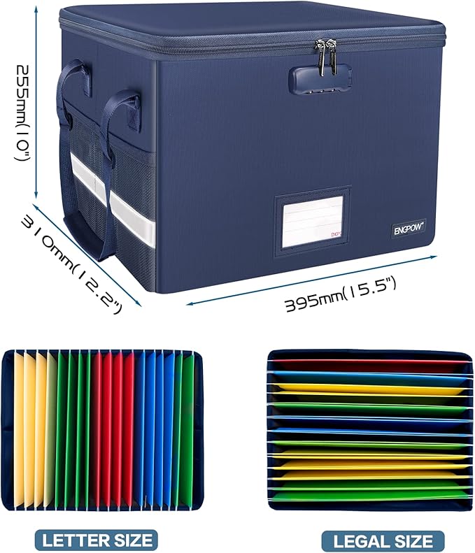 ENGPOW File Box with Lock, Fireproof Document Box with Zipper＆Pockets, Collapsible File Organizer Filing Storage Cabinet with Handle, Portable Home Office Safe for Hanging Letter/Legal Folder, Blue