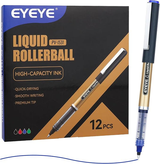 EYEYE 0.7mm Blue Rollerball Pens 12 Pack Medium Point Smooth Writing Pens, Quick Dry Liquid Ink for Journaling, Note Taking, Office & School Supplies