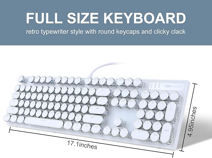 Camiysn Typewriter Style Mechanical Gaming Keyboard, White Retro Punk Gaming Keyboard with Blue Backlit, 104 Keys Blue Switch Wired Cute Keyboards, Round Keycaps for Windows/Mac/PC