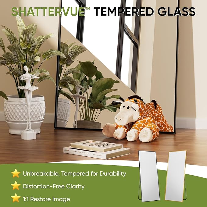 Full-Length Floor Mirror with Stand, 72"x44" Rectangle Style Full Body Standing Mirror for Bedroom, Living Room, Gym, Dorm - Shatter-Resistant & Easy Assembly, Gold