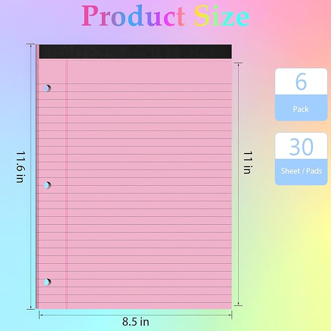 HAUTOCO 6 Pack 8.5 x 11 Legal Pads Colored Wide Ruled Notepads Perforated Writing Pads, 30 Sheets Per Notepad, 3-Hole Punched Paper, Writing Note Pads for School, Home, Office, Business