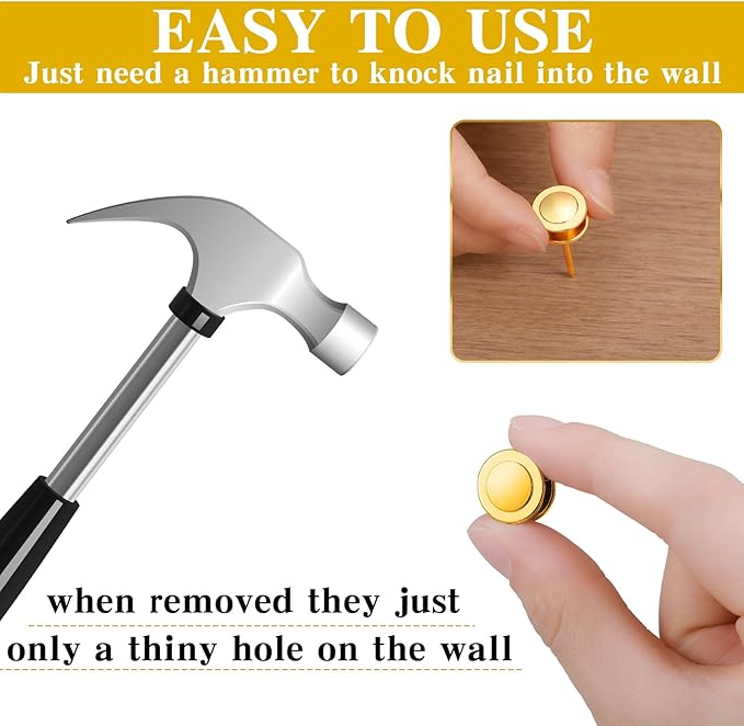 Ferraycle 40 Piece Double Headed Picture Hangers Nails 4 Size Long Thumb Tacks for Wall Hanging Decorative Nails Push Pins Picture Hooks for Drywall Photo Decor, 10/20/ 30/ 50lb(Gold)