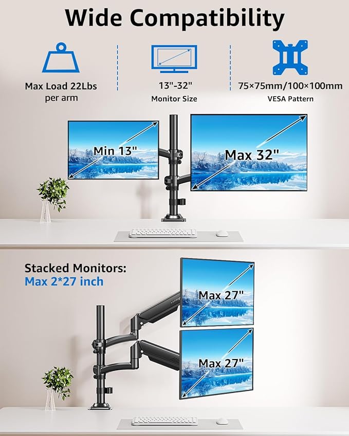 Dual Monitor Stand Holds 4.4-22 lbs Each, Dual Monitor Mount Height up to 26.6 inch, Gas Spring Monitors Arm for Max 32 inch Computer, VESA Mount with C-clamp & Grommet Mounting, Freelift Black
