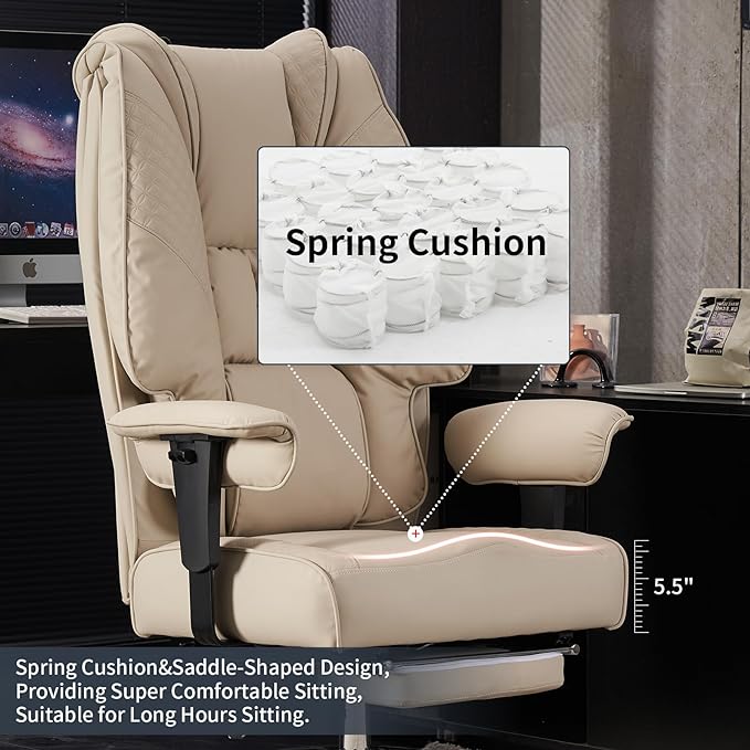 Big and Tall Office Chair 400lbs Wide Seat, Leather High Back Executive Office Chair with Foot Rest, Ergonomic Chairs Lumbar Support for Lower Back Pain Relief (Beige)