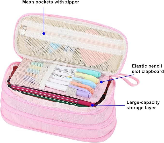 Big Pencil Case Zipper Pencil Pouch Organizer Large Capacity Pen Bag with Handle Portable for Girls Kids Adults Gift Pen Case for School Home Office Light-pink