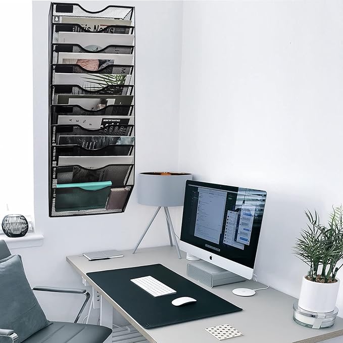 EASEPRES 10 Pocket Mesh Hanging Wall File Organizer, Wall Mounted Mail Paper Document Folder Holder, Clipboard Storage Organization Magazine Rack with Nametag Label for Office Home School, Black