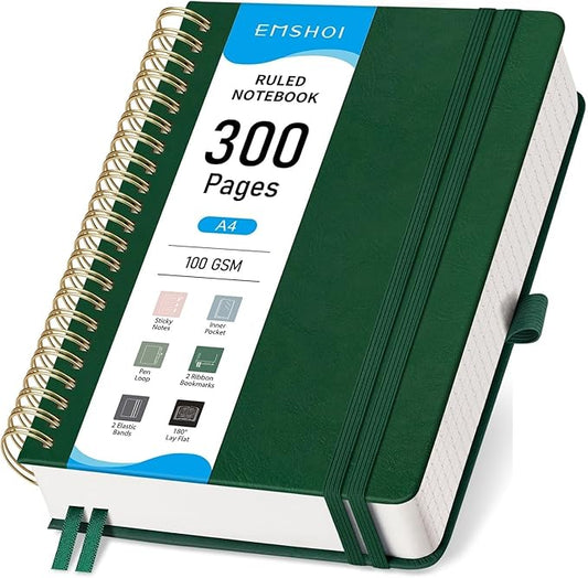 EMSHOI A4 Leather Hardcover Spiral Notebook College Ruled, 300 Numbered Pages, 100 GSM Thick Paper - Premium Lined Journal for Writing, Note-Taking, Work & Journaling; 8.27"x11.2", Dark Green