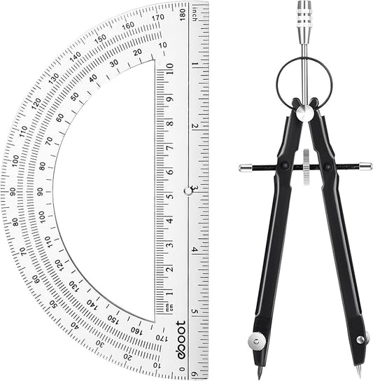 EBOOT Student Geometry Math Set, Drawing Compass and 6 Inch Clear Swing Arm Protractors 180 Degree Math Protractor (Black)