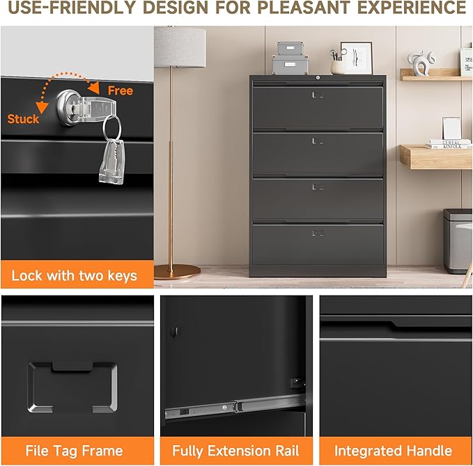 File Cabinet, 4 Drawer Metal File Cabinet with Lock, Lateral File Cabinet for Home and Office, Lateral File Cabinet for A4 Legal/Letter Size, Assembly Required (Black, 4 Drawer)