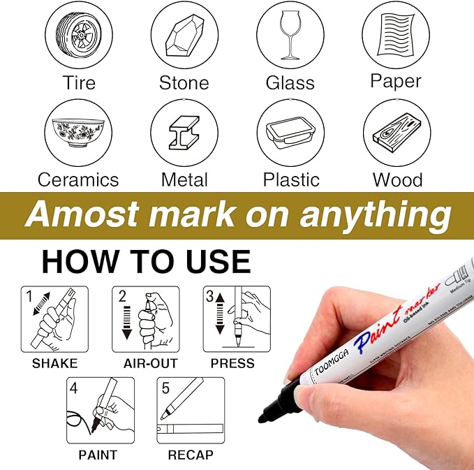 Black Paint Pens Permanent Paint Markers - 6 Pack Oil Based Marking Pens, Medium Point, Quick Drying and Waterproof Pens for Rock Painting Car Tyre Metal, Plastic, Canvas, Wood