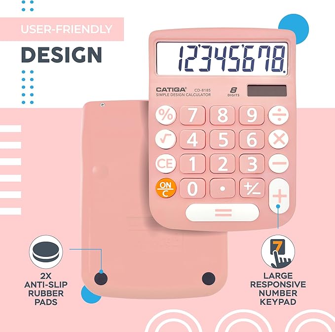 CATIGA Desktop Calculator 8 Digit with Solar Power and LCD Display, Big Buttons, for Home, Office, School, Class and Business, 4 Function Small Basic Calculators for Desk, CD-8185