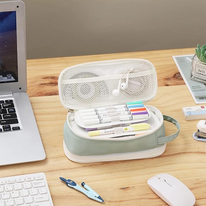 Dugio Big Pencil Case for Girls Teens Kids Zipper Pencil Pouch with Handle Organizer Pencil Bag Aesthetic Pencil Pen Case for School Green