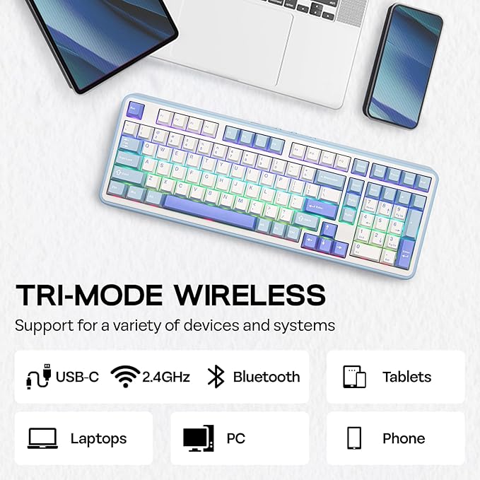 EPOMAKER TH99 Wireless Mechanical Keyboard with Lubed Silent Switch, Quiet Gaming Keyboard, 8000mAh,Creamy Gasket,RGB Backlit,Numpad,PBT Keycap,Hot Swappable,for Gamers/Office (Blue&White)