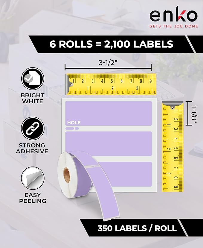 enKo [6 Rolls, 2100 Labels] Address, Shipping & Barcode Labels 30252 - Lavender (1-1/8" x 3-1/2") Compatible for Dymo LabelWriter