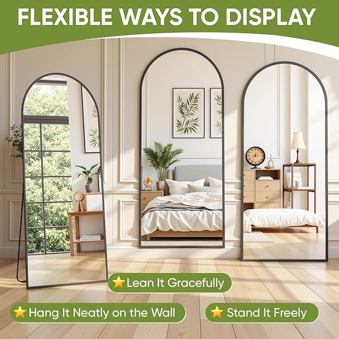 Full-Length Floor Mirror with Stand, 76"x34" Arched Style Full Body Standing Mirror for Bedroom, Living Room, Gym, Dorm - Shatter-Resistant & Easy Assembly, Black