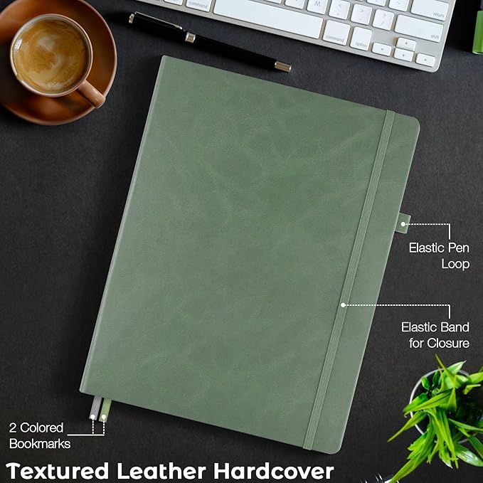 College Ruled Notebook, A4 Hardcover Leather Notebook for Work, Lined Notebook Journal for Women Men, 192 Thick Paper, Lay Flat Large Notebook with Pockets, Professional Business Notebook, Light Green