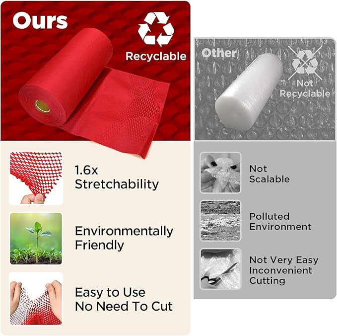 Honeycomb Packing Paper, 12"x50' Red | Perforated Honeycomb Packing Paper Recyclable Moving Supplies for Shipping & Moving | Plastic-Free Alternative to Bubble Cushion Wrap with 36 Fragile Stickers