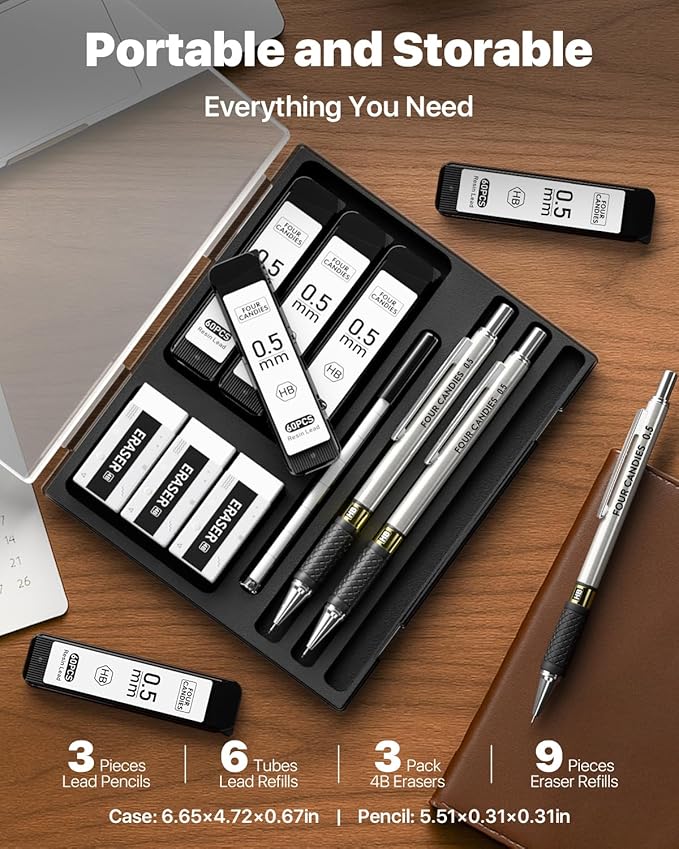 Four Candies Metal Mechanical Pencil Set - 3PCS 0.5mm Art Mechanical Pencils & 360PCS HB Lead Refills & 3PCS Erasers & 9PCS Eraser Refills, Drawing Mechanical Pencils for Writing, Sketching -With Case