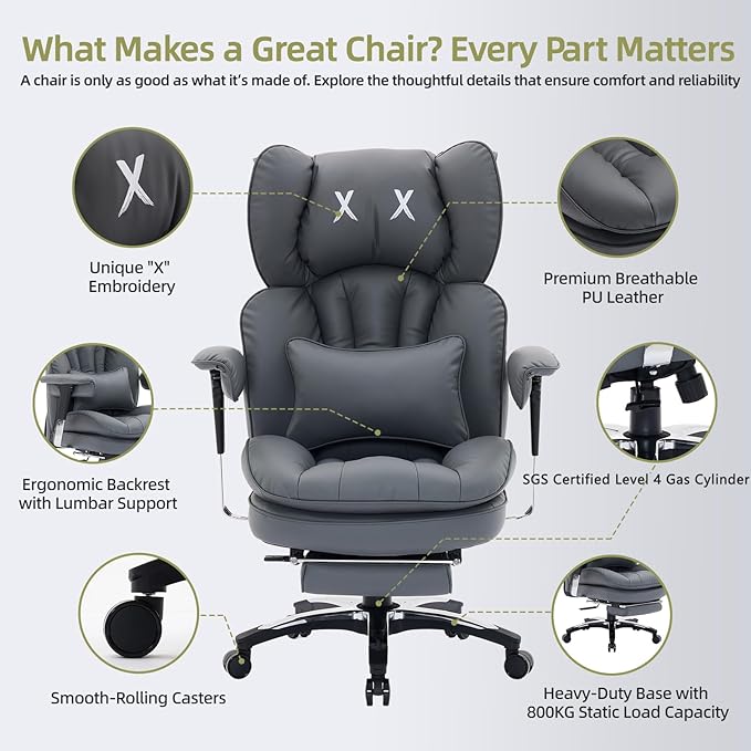 Efomao Big and Tall Office Chair with Footrest – High Back Computer Chair with Adjustable Armrests，Executive Office Chair with Wide Seat, Modern Desk Chair for Home Office, Gaming, or Study, Grey