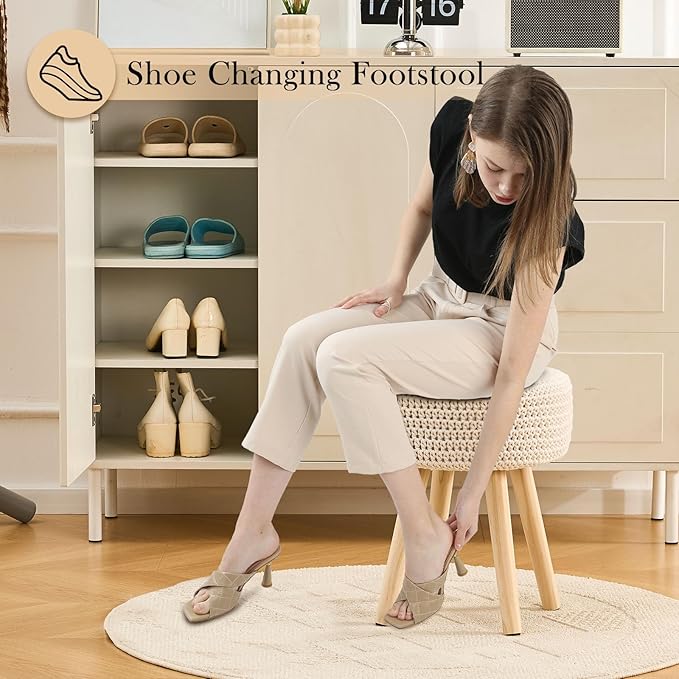 Cotton Knitted Ottoman Round Footstool Vanity Stool Modern Stool Ottoman Footrest Stool with Non-Skid Wood Legs for Living Room Bedroom White