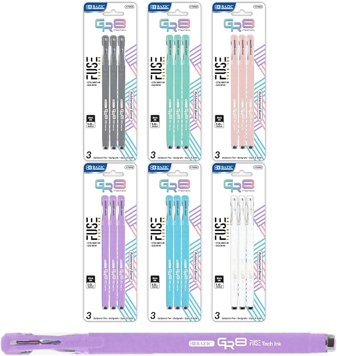 BAZIC Oil Gel Fuse Tech Ink Pen, GR8 Dazzle Black Ink w/Rubberized Barrel, 0.7 mm Medium Point Smooth Writing, for Office School (3/Pack), 6-Pack