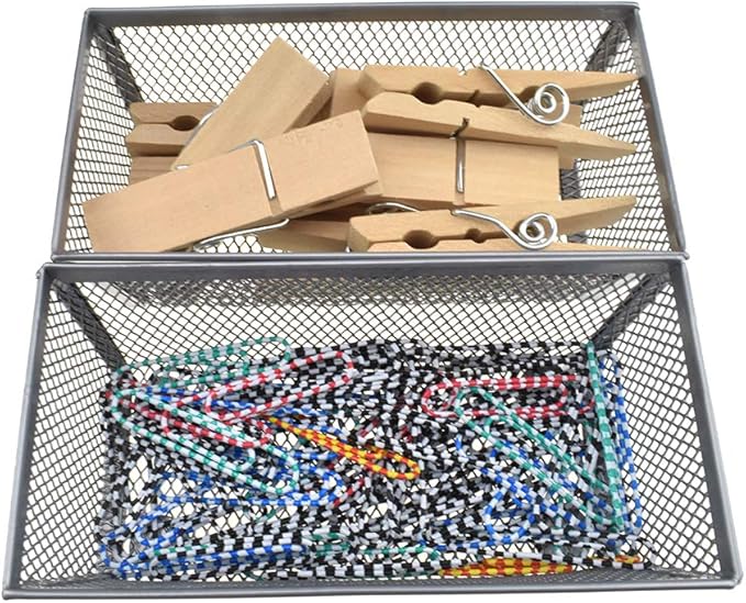 HAHIYO Stackable Mesh Tray Cup 6 x 3 x 2 inches Sturdy Container for Desk Drawer Organizer Collection for Home Office School kitchen Soft Foam Feet No Sharp Edges 2 Pack Silver