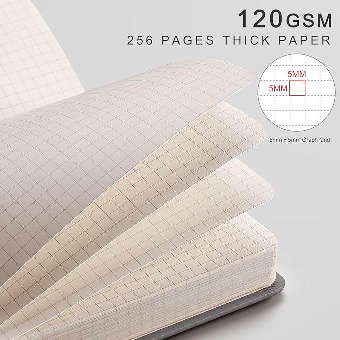 EMSHOI A5 Graph Paper Notebook - 256 Pages PU Leather Hardcover Journal, 120gsm Thick No-Bleed Grid Paper Notebook for Women Men Work School Math Engineering, 5.75" x 8.38" Khaki