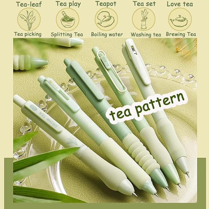 Cute Gel Pens 5Pcs Retractable Quick Dry Ink Pens 0.5mm Fine Point Black Ink Kawaii Smooth Writing Pens for School Office Supplies Aesthetic pretty pens (Green tea)