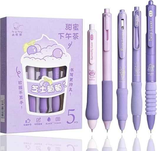 Cute Gel Pens 5Pcs Retractable Quick Dry Ink Pens 0.5mm Fine Point Black Ink Kawaii Smooth Writing Pens for School Office Supplies Aesthetic pretty pens (Purple ice cream)