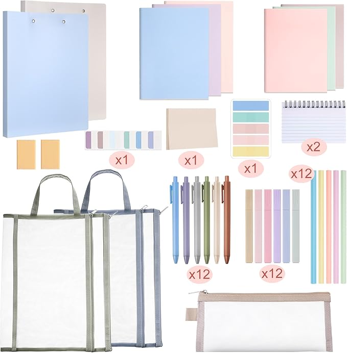 Colarr 54 Pieces Aesthetic School Supplies Including Pastel Highlighters Document Bags Pencils Notebooks Pencil Pouch Ink Pens Sticky Notes Erasers Back to School Gift Stationary Kit Supplies(Morandi)