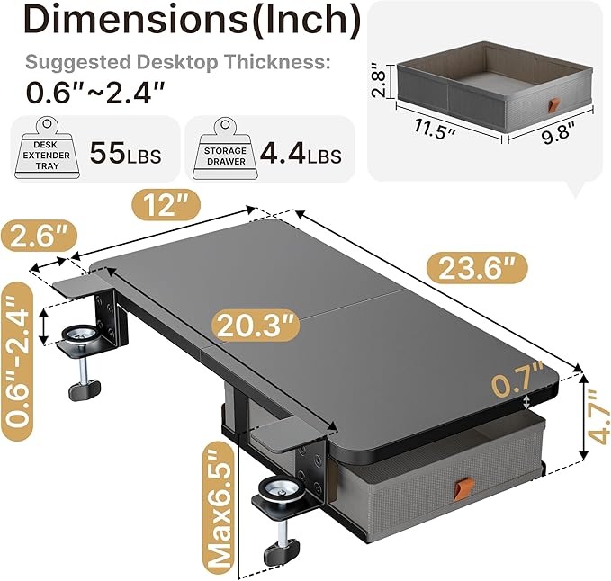 Desk Extender Tray, 24" x 12" Clamp On Desk Shelf, Desk Extension with Storage Drawer, Table Desk Arm Rest, Clamp On Keyboard Tray for Office and Home, Workstation Organizer, Medium, Black