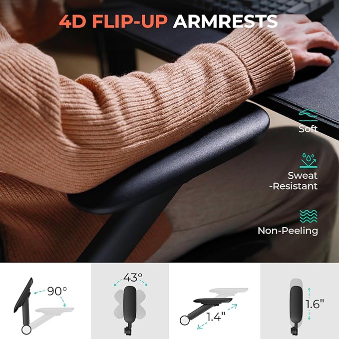 CAPOT Ergonomic Mesh Office Chair, Adjustable Lumbar High Back Desk Chair 400lbs, 4D Flip-up Arms, 3-Level Tilt Backrest, 3D Headrest, PU Wheels, Swivel Rolling Computer Seating for Long Desk Work