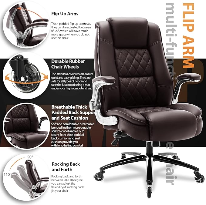 EZAKI High Back Office Chair-Flip-up Arms Executive Computer Desk Chair, Built-in Lumbar Support Thick Padded Adjustable Rock Tension Ergonomic Design for Back Pain (Brown)