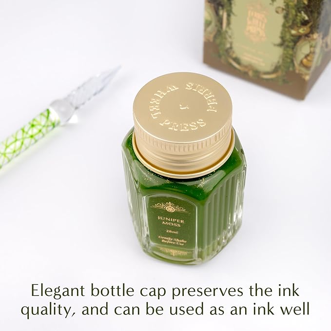 Ferris Wheel Press Juniper Moss 28ml Calligraphy Ink for Calligraphy & Dip Pens - National Art Supply 5x7 Microfiber Cloth - Moss Green with Gold Shimmers - Waterproof Dip Pen Ink for Artists