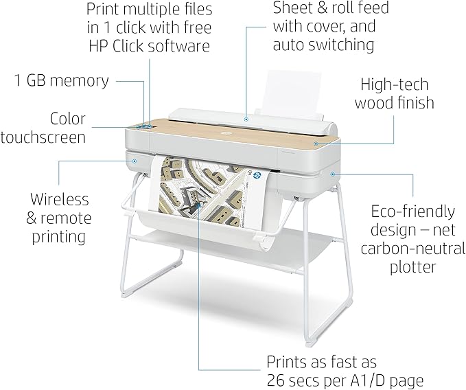 HP DesignJet Studio Large Format 24-inch Wireless Plotter Printer, Includes 3-Year Onsite Warranty Support (5HB12H)